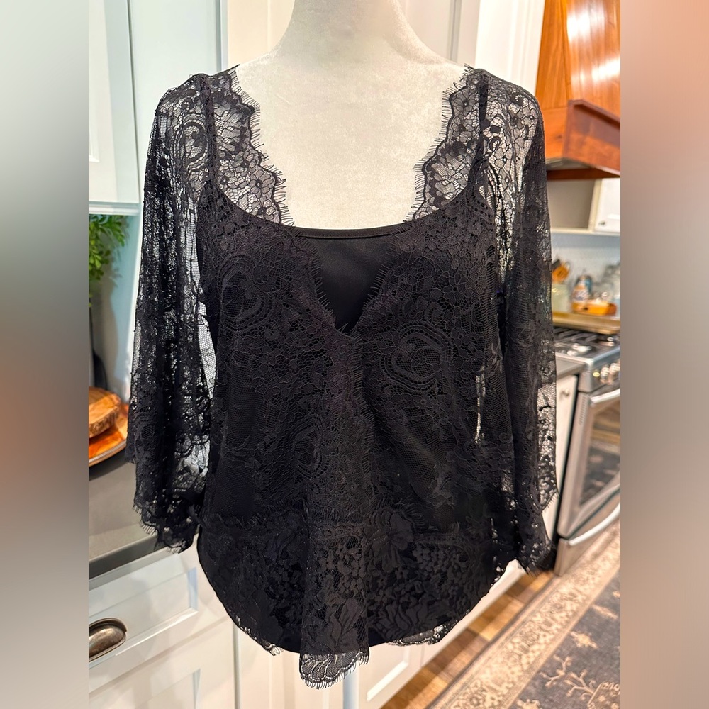 Stella & Dot Womens Lace Cami Lined Blouse Top Size S Black Witchy Fairy Goth